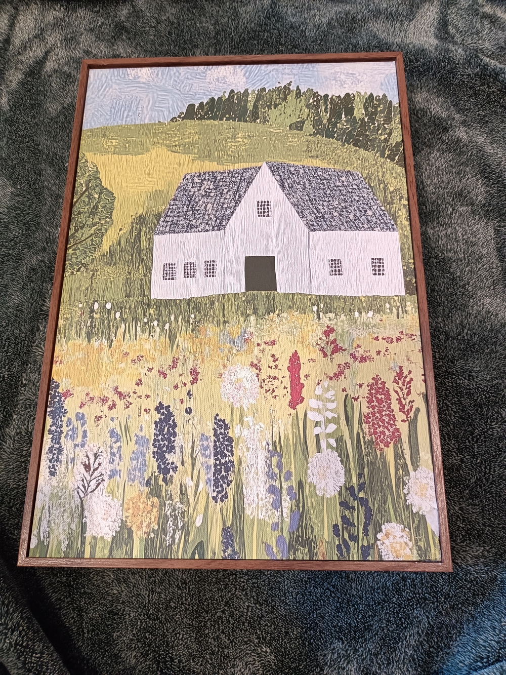 Scenic Cottage Meadow Wall Art Print Wooden- White & Green